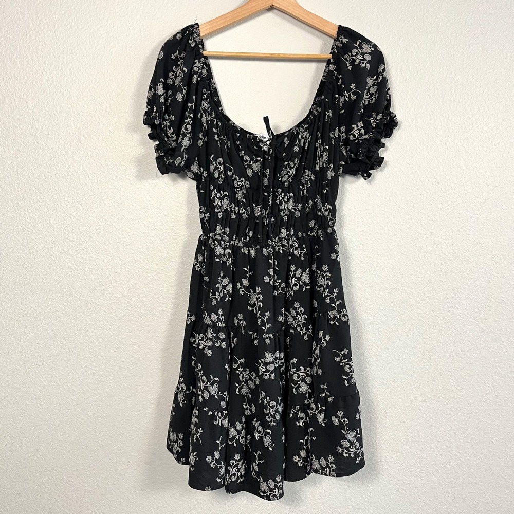 Charlotte Russe Black Floral Puff Sleeve Tiered Mini Dress Medium Coquette‎
